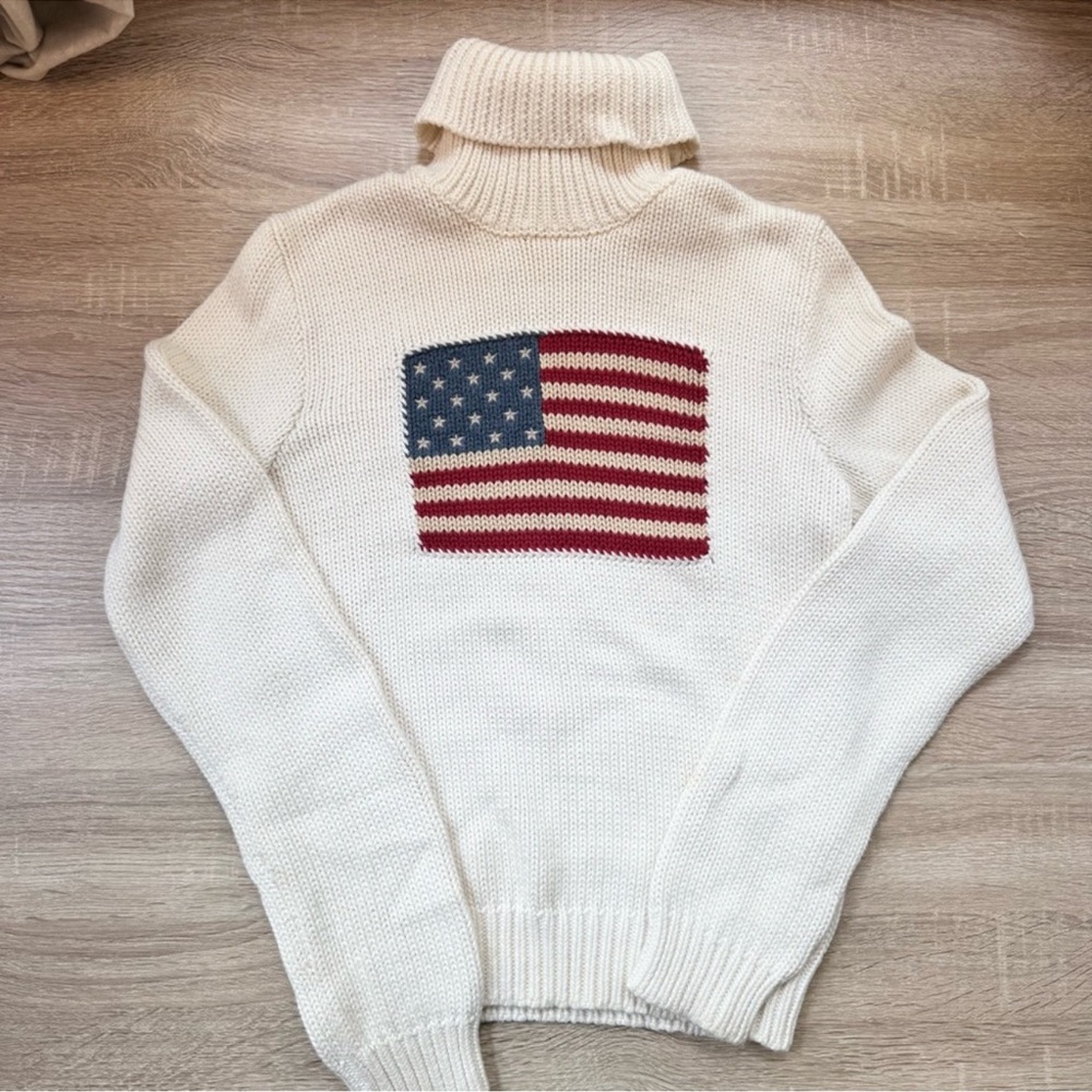 Vintage Ralph Lauren Sport American Flag Turtleneck Sweater Cream Hong Kong - Picture 5 of 6